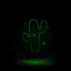 Obraz premium A large green outline cactus symbol on the center. Green Neon style. Neon color with shiny stars. Vector illustration on black background