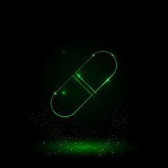 A large green outline medical capsule symbol on the center. Green Neon style. Neon color with shiny stars. Vector illustration on black background