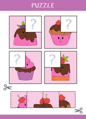 Puzzle for kids. Find the missing parts of the picture. Simple educational game. Cut and glue. Vector worksheet