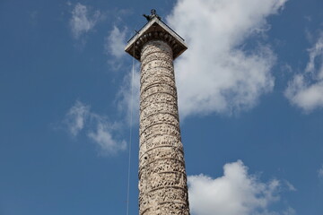 The Column of Marcus Aurelius located in the Piazza Colonna in Rome, Italy.