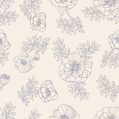 Gentle nude summer flower poppy pattern. Gray seamless pattern on a beige background. Graceful buds with leaves. Retro illustration in hand drawn style. For textile, packaging, background