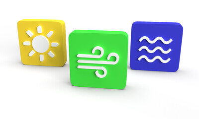 3D icons of sun, wind and water as examples of renewable energies to stop climate change. 3D rendering