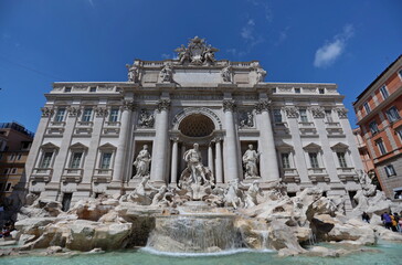 Fototapeta na wymiar Rome, Italy - April 25, 2022: The magnificent Trevi Fountain in the historic city center.