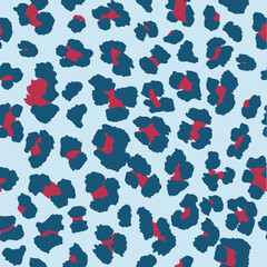 Seamless leopard pattern print in light blue, navy blue and dark red. 