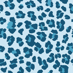 Seamless leopard pattern print in monochromatic shades of blue.