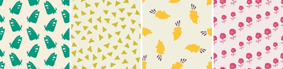 Set of seamless patterns in cutout style. Vector backgrounds