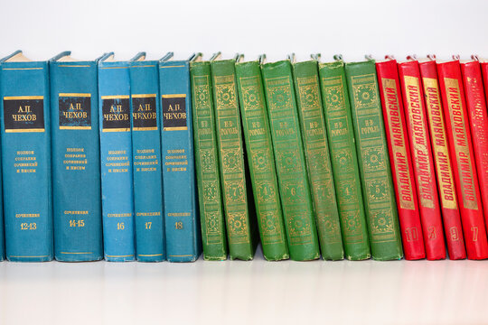 Russia. Saint-Petersburg. Books on the shelf - a collection of works by Russian writers.