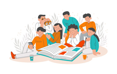 The concept of reading books, education, study. A group of happy people are reading one book. Vector flat illustration.