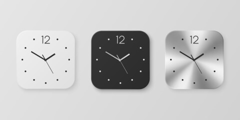 Vector 3d Realistic White, Black and Slver or Chrome Steel Wall Office Clock Icon Set Isolated. Design Template of Wall Clock Face Closeup. Mock-up for Branding and Advertise. Front View