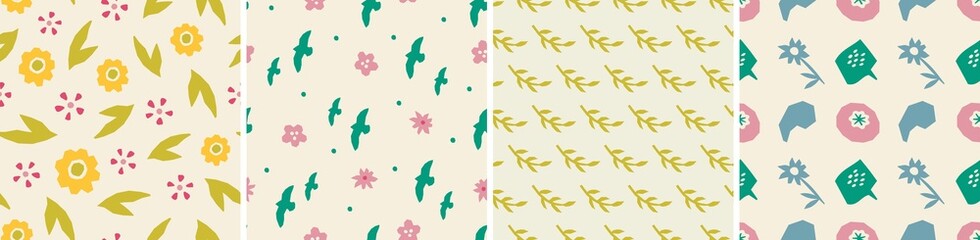Set of seamless patterns in cutout style. Vector backgrounds