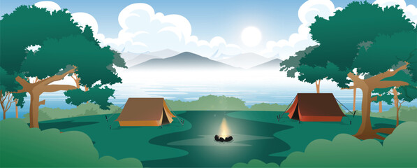 Forest and mountain landscape camping near lakes and mountains Cartoons with camping spots, outdoor recreation, in the middle of the forest.
