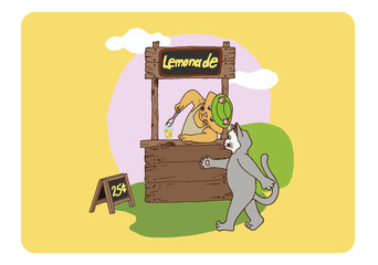 Illustration of a stand with lemonade and cats. Lemonade stand, lemon, ice, buyer, summer time, ready to use, eps. For your design