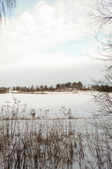 Moody winter landscape in Helsinki, Finland. A frozen river in the forest