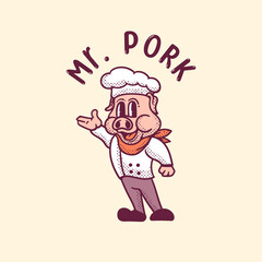 chef dress pig mascot illustration in vintage style