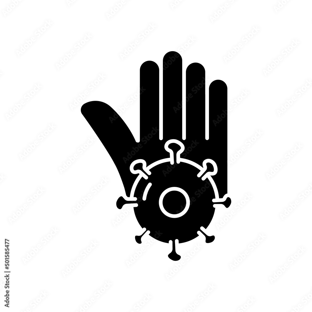 Poster hand icon with virus. stop virus. suitable for vaccine symbol, health. solid icon style. simple desi