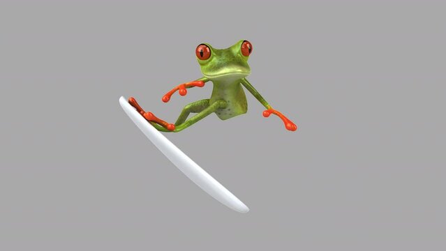 Fun 3D cartoon frog surfing with alpha channel