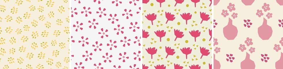 Set of seamless patterns in cutout style. Vector backgrounds