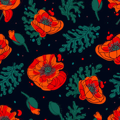 Obraz na płótnie Canvas Contrasting poppy flowers and leaves on a dark background. Bright dramatic pattern. In black and red colors. Botanical illustration for wallpaper, fabric printing, packaging