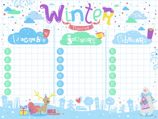 Stylish Winter planner with Christmas deer, polar bear, city landscape and funny typography on the background of paper sheet in vector. Cute schedule for children. December, January, February