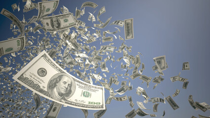 100 USD banknotes (United States Dollar) flying on blue sky background, 3D Rendering, 3D Illustration