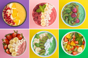 Collage of smoothie bowls with fruit and berry on the colored background. Top view.