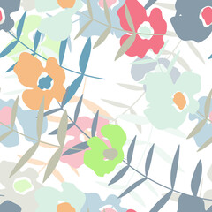 Seamless floral pattern with roses based on traditional folk art ornaments. Colorful flowers on white background. Vector illustration. Simple minimalistic pattern. Design for fabric, textile, paper