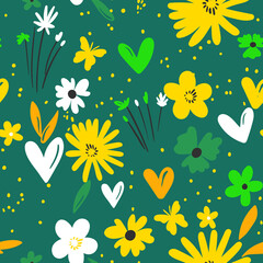 Fototapeta na wymiar Seamless floral pattern based on traditional folk art ornaments. Colorful flowers on color background. Scandinavian style. Sweden nordic style. Vector illustration. Simple minimalistic pattern