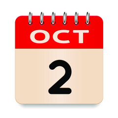 2 day of the month. October. Flip old formal calendar. 3d daily icon. Date. Week Sunday, Monday, Tuesday, Wednesday, Thursday, Friday, Saturday. Cut paper. White background. Vector illustration.