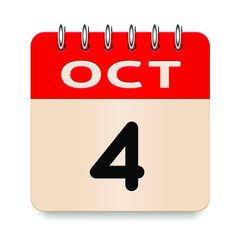 4 day of the month. October. Flip old formal calendar. 3d daily icon. Date. Week Sunday, Monday, Tuesday, Wednesday, Thursday, Friday, Saturday. Cut paper. White background. Vector illustration.