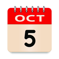 5 day of the month. October. Flip old formal calendar. 3d daily icon. Date. Week Sunday, Monday, Tuesday, Wednesday, Thursday, Friday, Saturday. Cut paper. White background. Vector illustration.