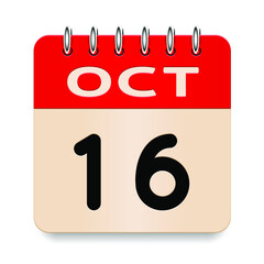 16 day of the month. October. Flip old formal calendar. 3d daily icon. Date. Week Sunday, Monday, Tuesday, Wednesday, Thursday, Friday, Saturday. Cut paper. White background. Vector illustration.