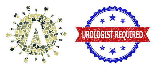 Military camouflage mosaic of Lambda coronavirus strain icon, and bicolor textured Urologist Required seal. Vector watermark with Urologist Required caption inside red ribbon and blue rosette,