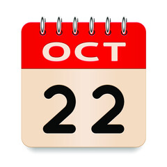 22 day of the month. October. Flip old formal calendar. 3d daily icon. Date. Week Sunday, Monday, Tuesday, Wednesday, Thursday, Friday, Saturday. Cut paper. White background. Vector illustration.