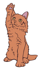 Vector illustration of hand drawn kitten. Cat standing with raised paw.