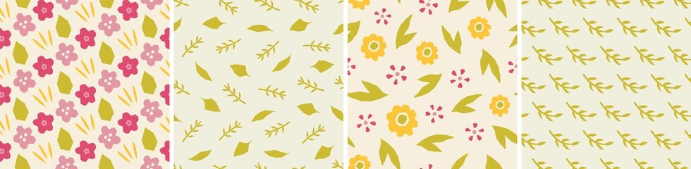 Set of vector seamless patterns. Floral and abstract shapes