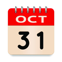 31 day of the month. October. Flip old formal calendar. 3d daily icon. Date. Week Sunday, Monday, Tuesday, Wednesday, Thursday, Friday, Saturday. Cut paper. White background. Vector illustration.