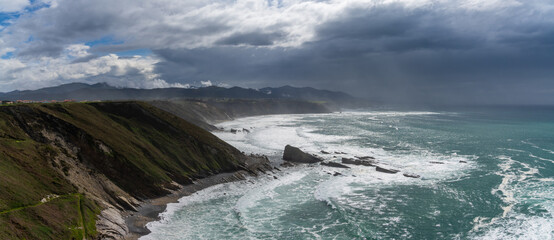 panorama view of the rugged cliffs and coastline at Cabo Vidio in Asturias