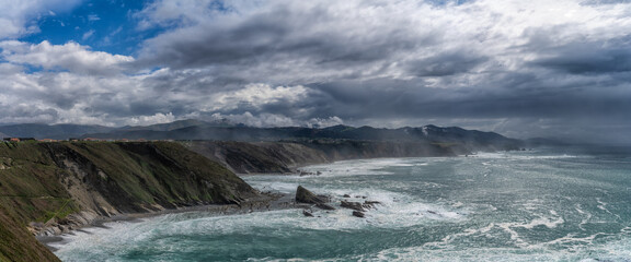 panorama view of the rugged cliffs and coastline at Cabo Vidio in Asturias
