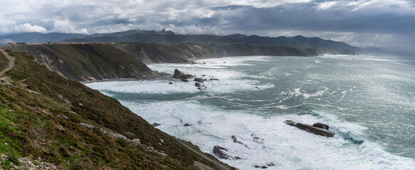 panorama view of the rugged cliffs and coastline at Cabo Vidio in Asturias