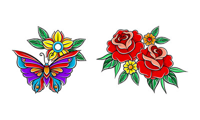Old tattooing school designs set. Rose flowers and butterfly tattoos at traditional vintage style vector illustration
