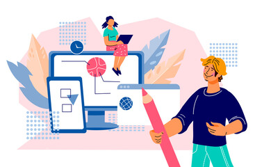 Software development concept with people coding on computer.