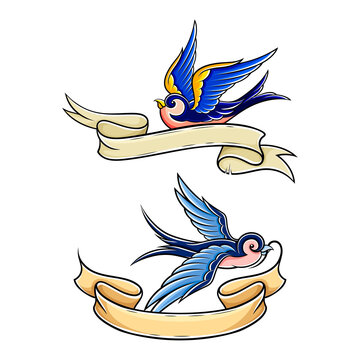 Old school swallow with bright blue feathers flying with ribbon set hand drawn vector illustration