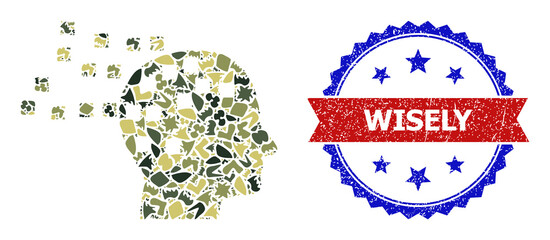 Military camouflage collage of mind compilation icon, and bicolor textured Wisely watermark. Vector imprint with Wisely title inside red ribbon and blue rosette, scratched bicolored style.
