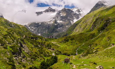 Fototapeta na wymiar Franz-Senn hut located in the Oberbergtal valley in Stubai Alps. 