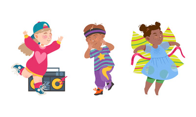 Cute children performing classical and modern dances set cartoon vector illustration