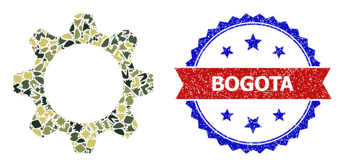 Military camouflage combination of gearwheel icon, and bicolor rubber Bogota watermark. Vector watermark with Bogota title inside red ribbon and blue rosette, retro bicolored style.