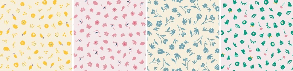 Set of vector seamless patterns. Floral and abstract shapes