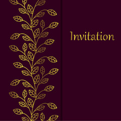 Elegant wedding invitation or greeting card design with gold leaf pattern. Vector illustration with place for text