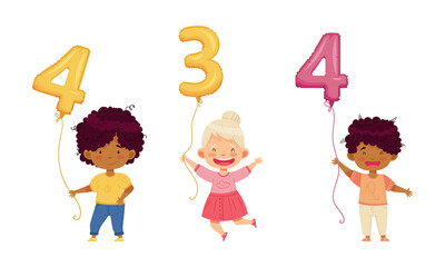 Cute kids holding 4,3,4 number shaped balloons set. cartoon vector illustration