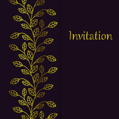 Elegant wedding invitation or greeting card design with gold leaf pattern. Vector illustration with place for text